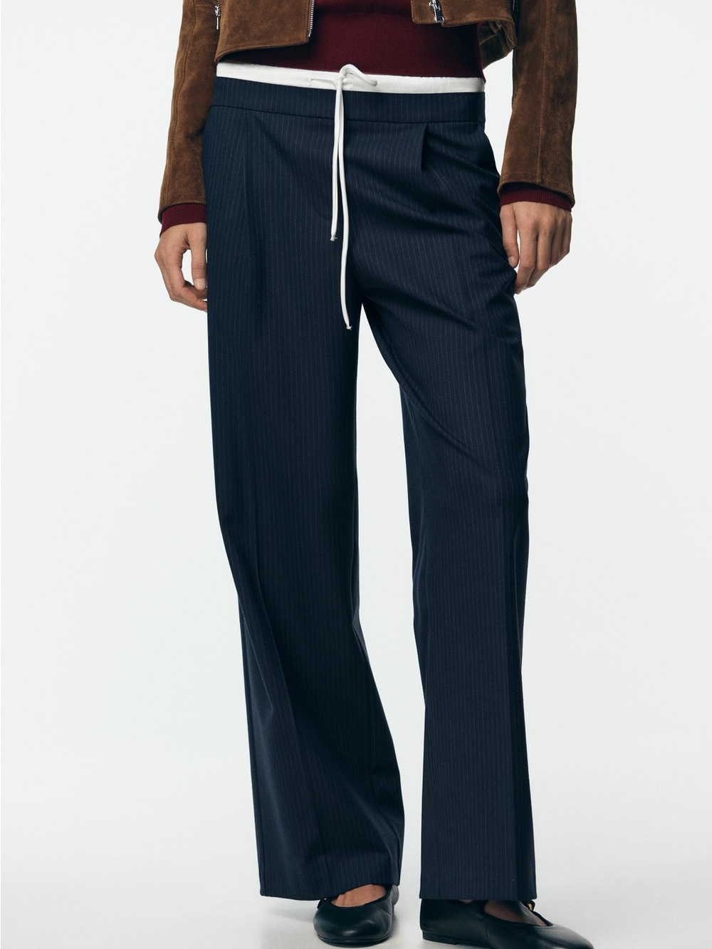 Zara Tailored Navy Pinstripe Double Waistband Drawstring Trousers